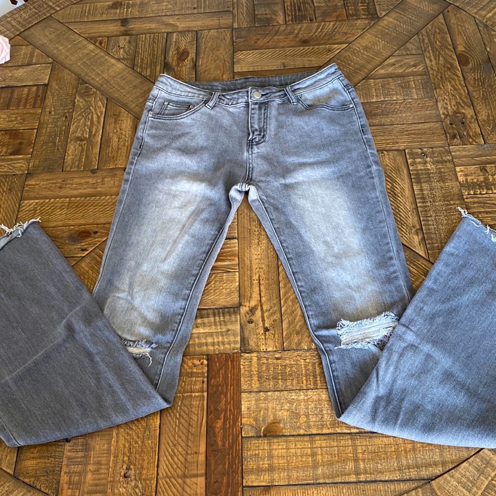 TALL 37.5” inseam flare distressed grey jeans